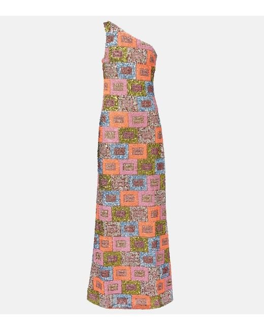 ‎Taller Marmo White Sequined One-Shoulder Gown