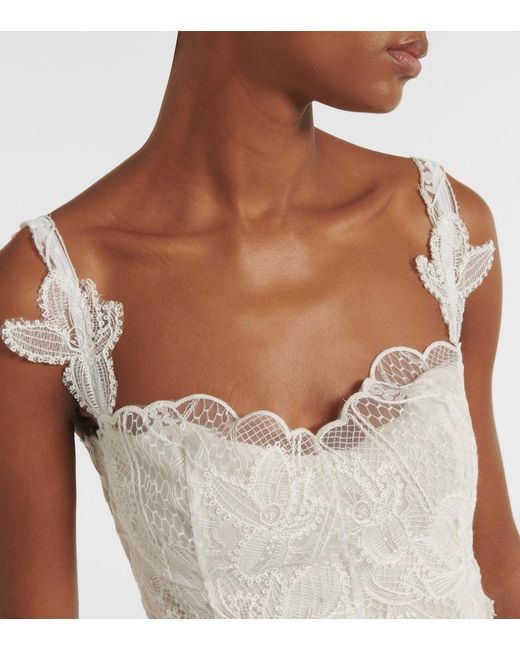Oscar de la Renta White Marbled Carnation Guipure Lace Bustier Gown