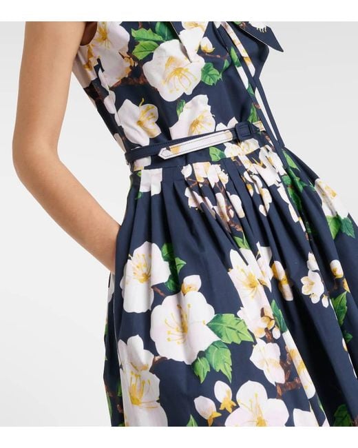 Oscar de la Renta Blue Floral Pleated Cotton-Blend Midi Dress