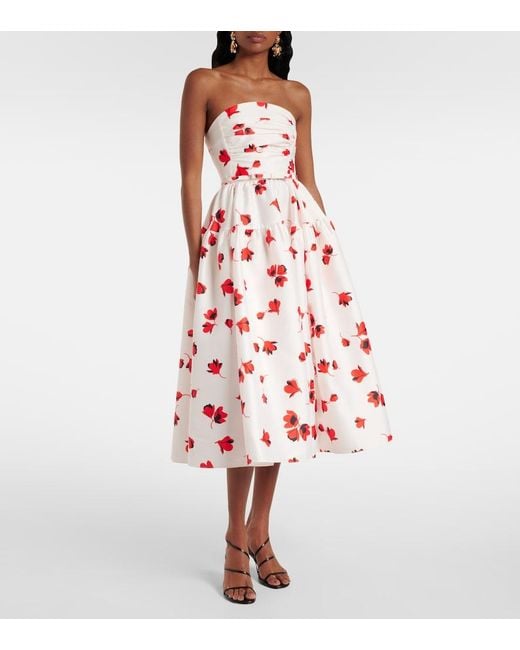Self-Portrait White Floral Print Taffeta Midi Dress