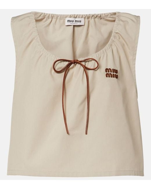 Miu Miu Natural Leather-Trimmed Cotton-Blend Crop Top