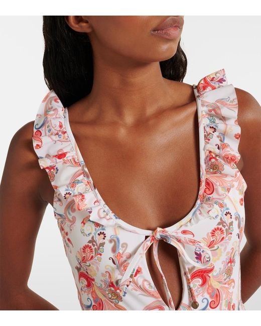 Etro White Ruffled Paisley Swimsuit