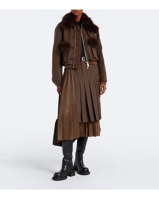 Sacai Brown Layered Pleated Wool-Trimmed Midi Skirt