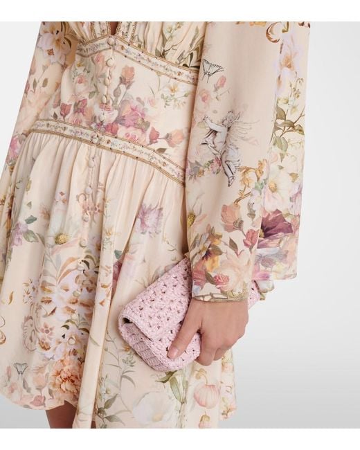 Camilla Natural Embellished Floral Silk Minidress