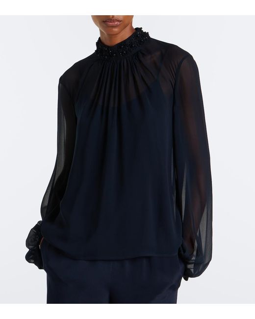 Max Mara Blue Embellished Sheer Blouse