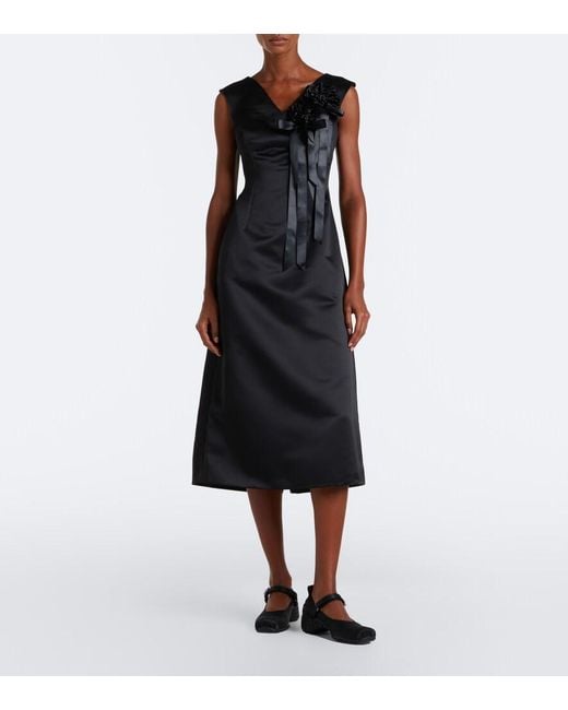 Simone Rocha Black Floral-Applique Satin Midi Dress