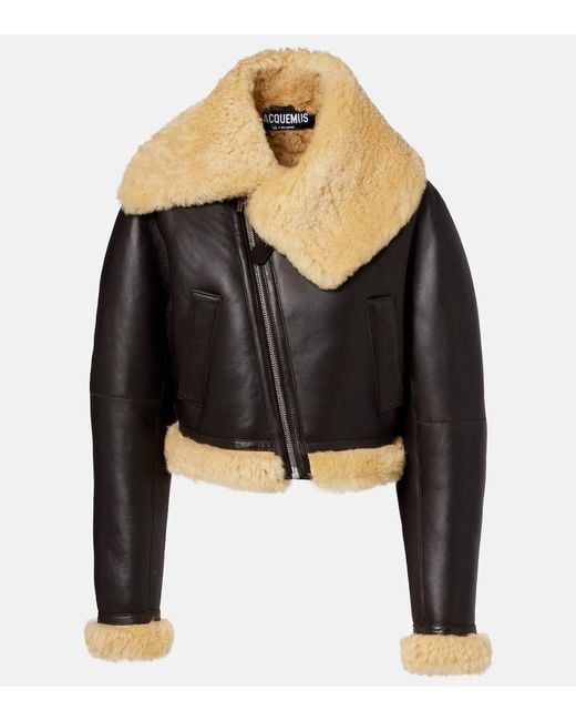 Jacquemus Black Aviatore Cropped Shearling-Trimmed Leather Jacket