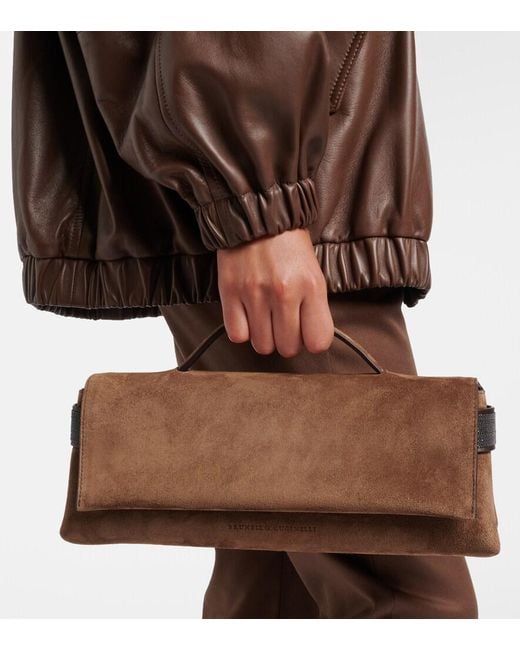 Brunello Cucinelli Brown Essence Small Suede Top-Handle Bag
