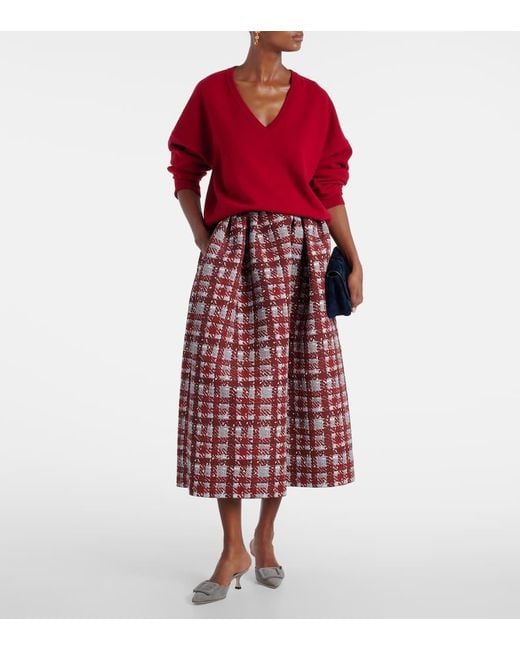 Oscar de la Renta Red Plaid Faille Midi Skirt