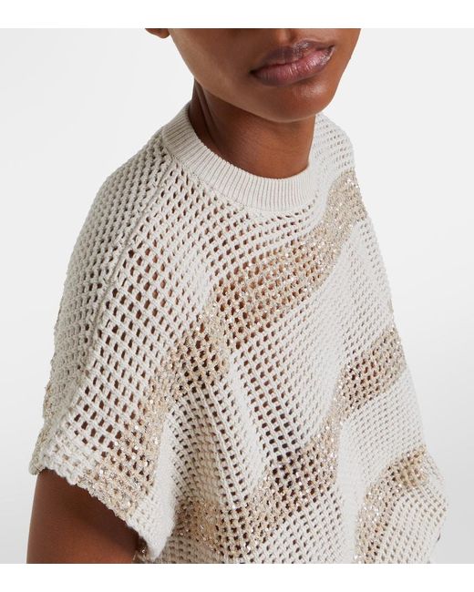 Brunello Cucinelli White Open-Knit Sequined Cotton Sweater
