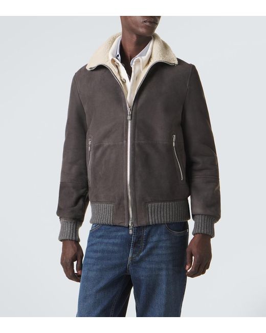 Brunello Cucinelli Gray Cashmere-Trimmed Shearling Blouson Jacket for men