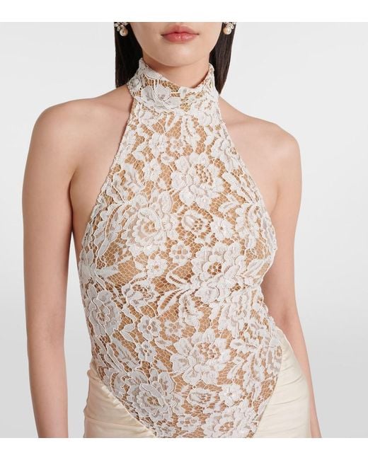 The New Arrivals Ilkyaz Ozel White Cass Embroidered Ruched Halterneck Gown