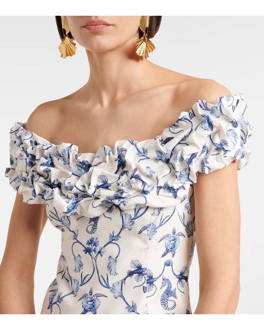 Agua Bendita Blue Jardin Off-Shoulder Cotton Minidress