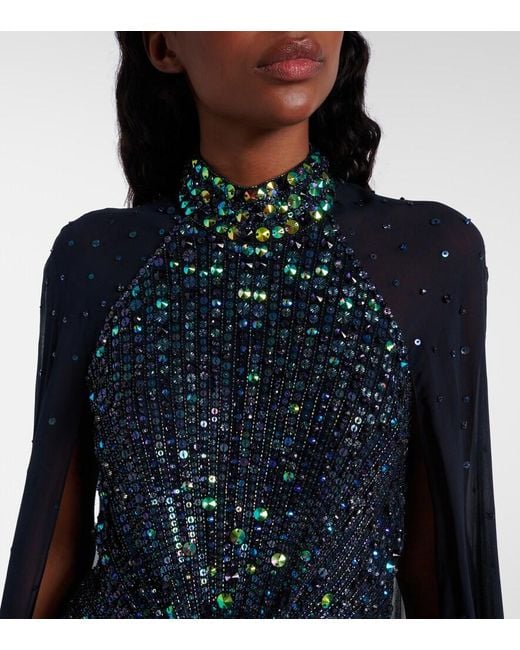 Jenny Packham Blue Thea Caped Sequined Gown