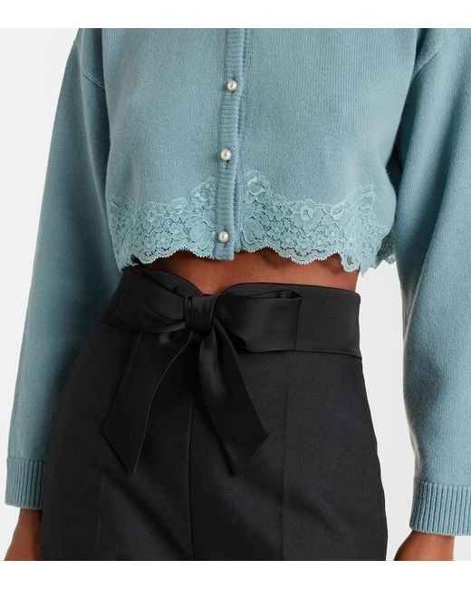 Valentino Blue Lace-Trimmed Cropped Virgin Wool Cardigan