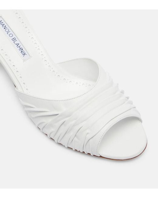 Manolo Blahnik White Piruabar 50 Ruched Leather Mules