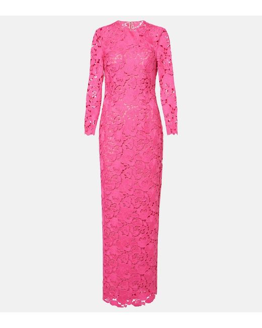 Oscar de la Renta Pink Floral Asymmetric Guipure Gown