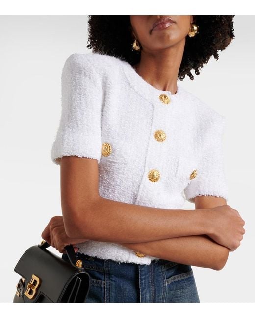 Balmain White Pointelle Ribbed Cropped Cardigan