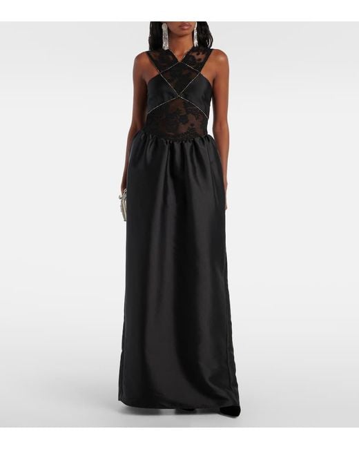 Self-Portrait Black Floral Lace-Trimmed Taffeta Maxi Dress