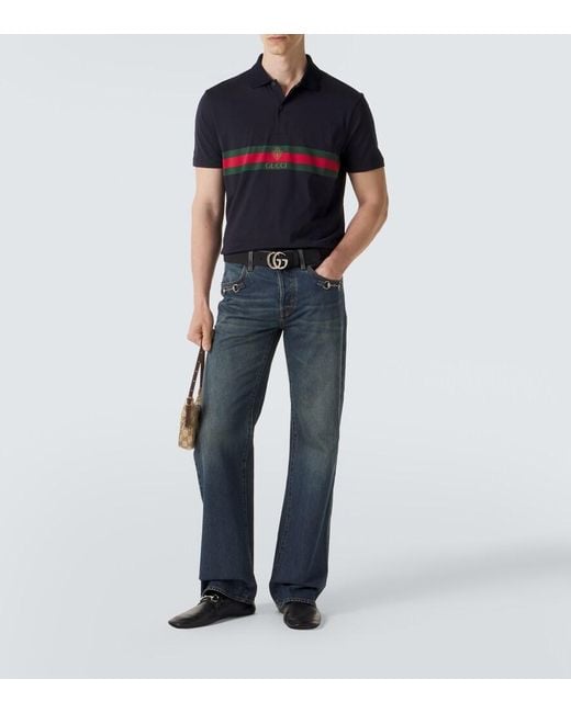 Gucci Blue Web Stripe Cotton Jersey Polo Shirt for men