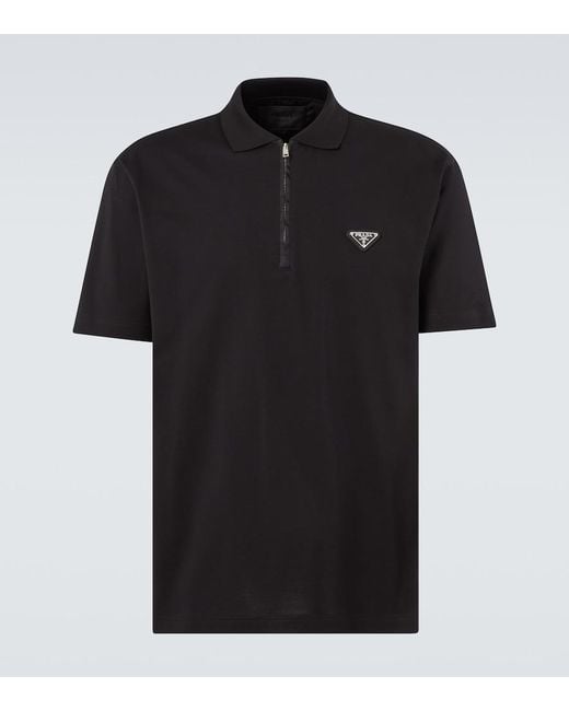 Prada Black Re-Nylon-Trimmed Cotton Pique Polo Shirt for men