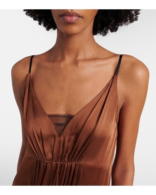 Prada Brown Gathered Crepe Satin Slip Dress