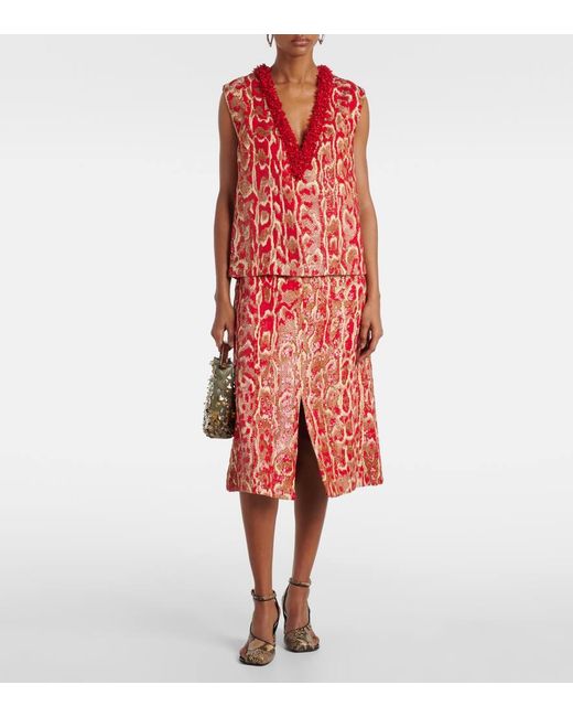 Dries Van Noten Red Shera Sequined Midi Skirt