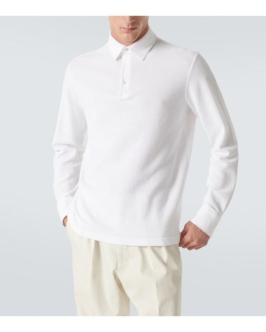 Loro Piana White Cotton Long-Sleeved Polo Sweater for men