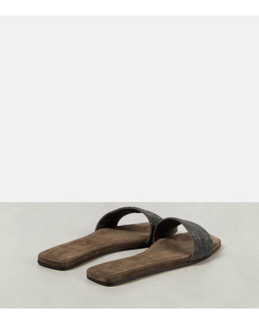 Brunello Cucinelli Brown Embellished Suede Sandals