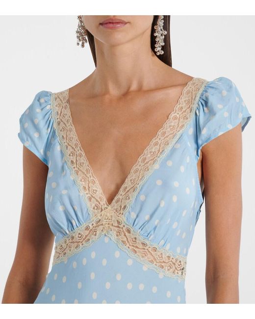 Rixo Blue Iggy Lace-Trimmed Polka-Dot Midi Dress