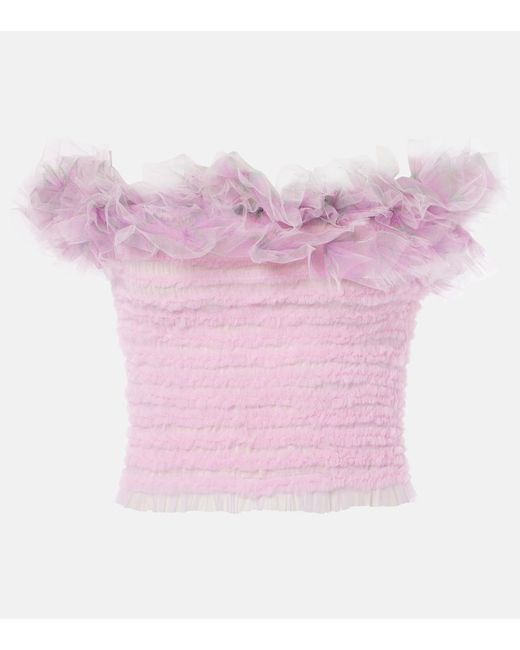 SUSAN FANG Pink Shirred Off-Shoulder Tulle Top