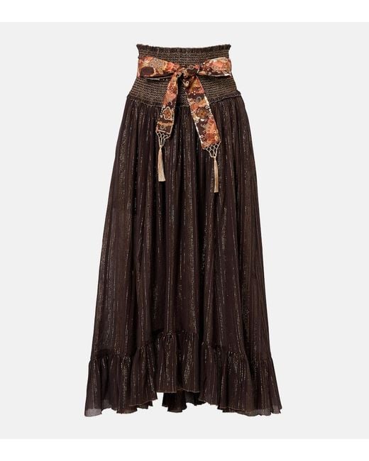 Zimmermann Brown Aster Shirred Cotton And Silk Lame Midi Skirt