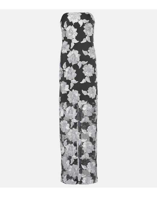 ROTATE BIRGER CHRISTENSEN White Floral Strapless Mesh Maxi Dress