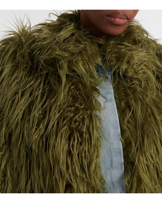 Dries Van Noten Green Rangel Faux Fur-Trimmed Denim Coat