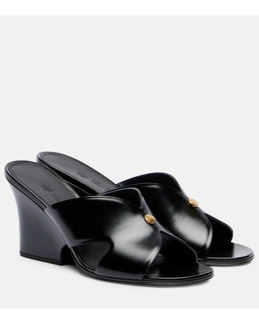 Loro Piana Black Vera 80 Leather Wedge Mules