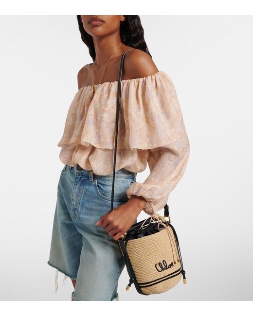 Chloé Black Soleil Mini Raffia-Effect Bucket Bag