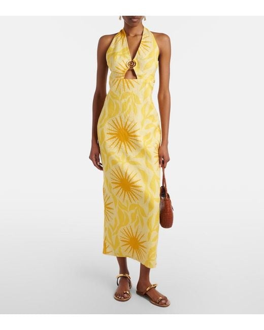 Cala De La Cruz Metallic Orly Printed Cutout Linen Midi Dress