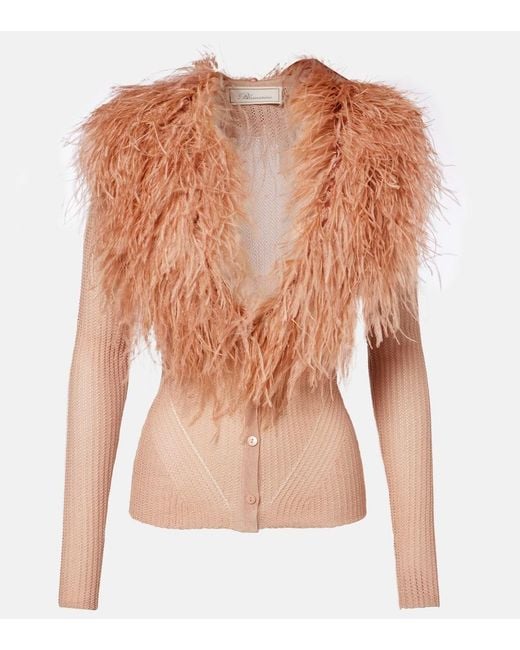 Blumarine Pink Feather-Trimmed Ribbed-Knit Cardigan