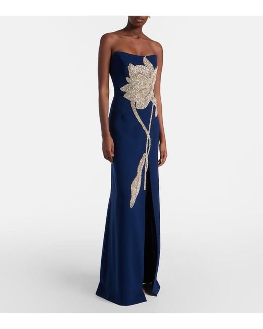 Costarellos Blue Fara Crystal-Embellished Crepe Gown