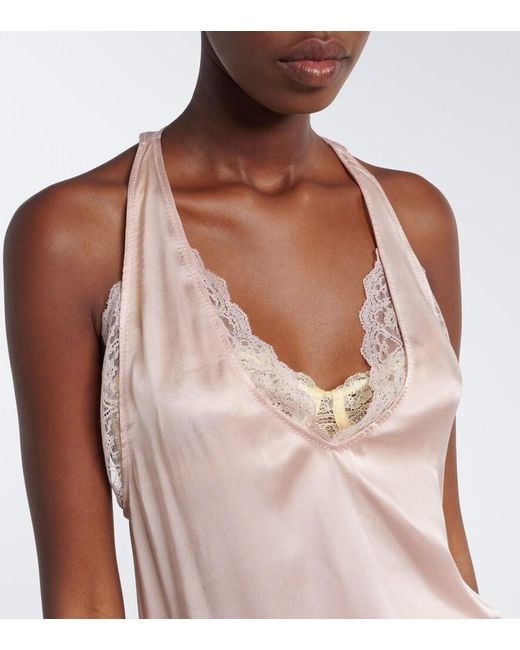 Maison Margiela Pink Gathered Lace-Trimmed Satin Slip Dress
