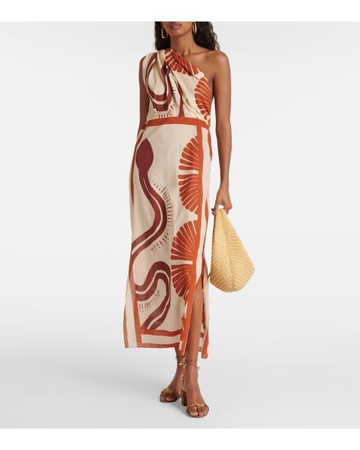 Johanna Ortiz Orange One-shoulder Printed Cotton Midi Dress