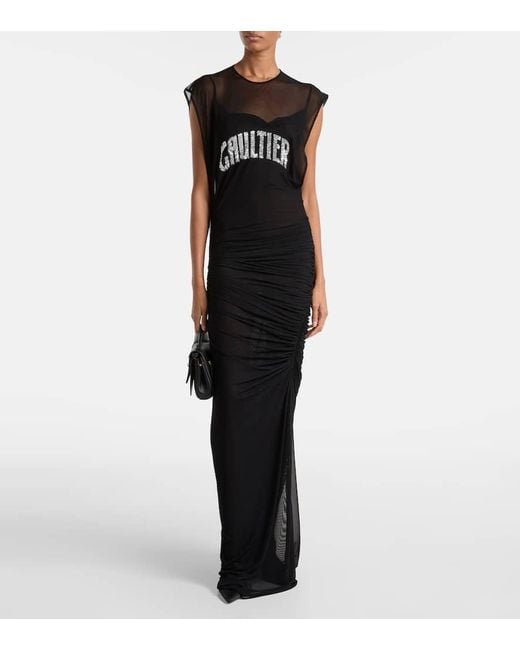 Jean Paul Gaultier Black Maxikleid Aus Mesh Mit Pailletten