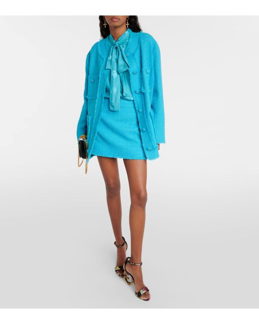 Dolce & Gabbana Blue Fringed Wool-blend Tweed Miniskirt