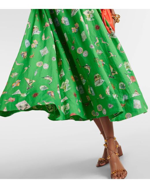 ALÉMAIS Green Shirred Printed Linen Midi Dress