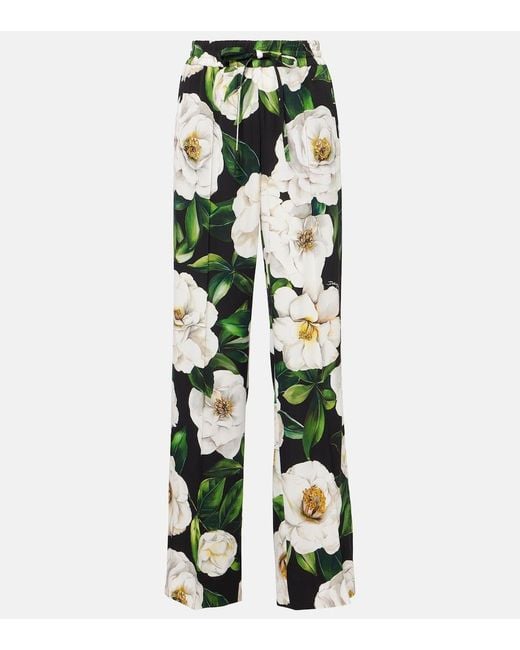 Dolce & Gabbana Green Silk Pants With Floral Pattern