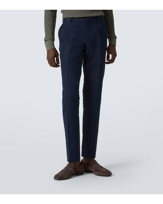 Brioni Blue Pienza Linen And Cotton Straight Pants for men