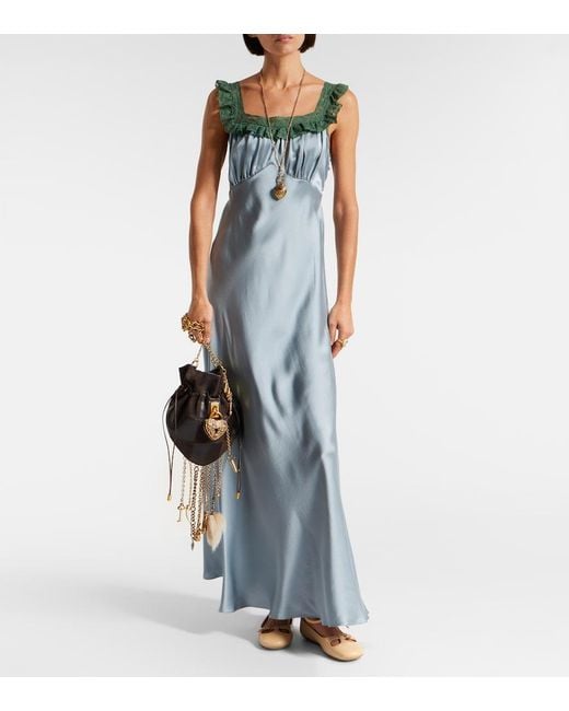 Chloé Blue Lace-Trimmed Silk Satin Maxi Dress