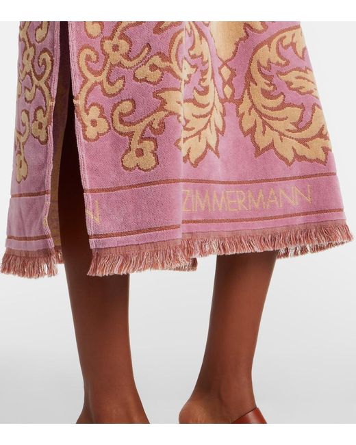 Zimmermann Pink Aster Floral Fringed Cotton Terry Midi Dress