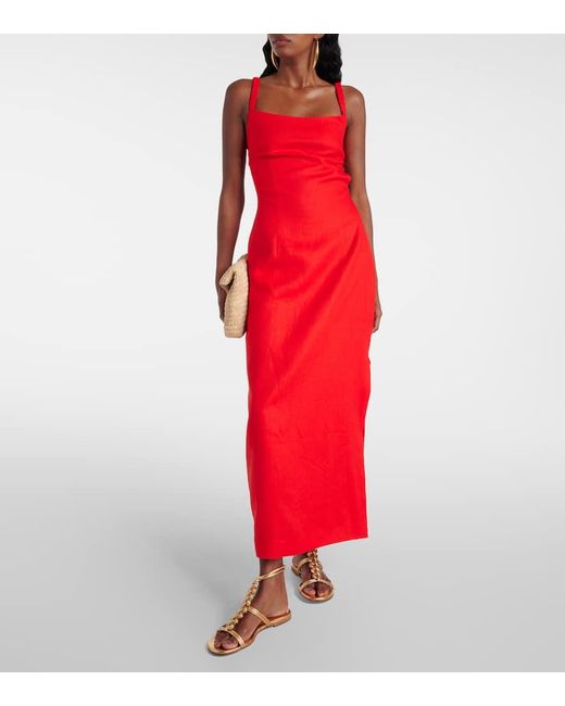 Sir Red Primrose Ruched Linen Maxi Dress