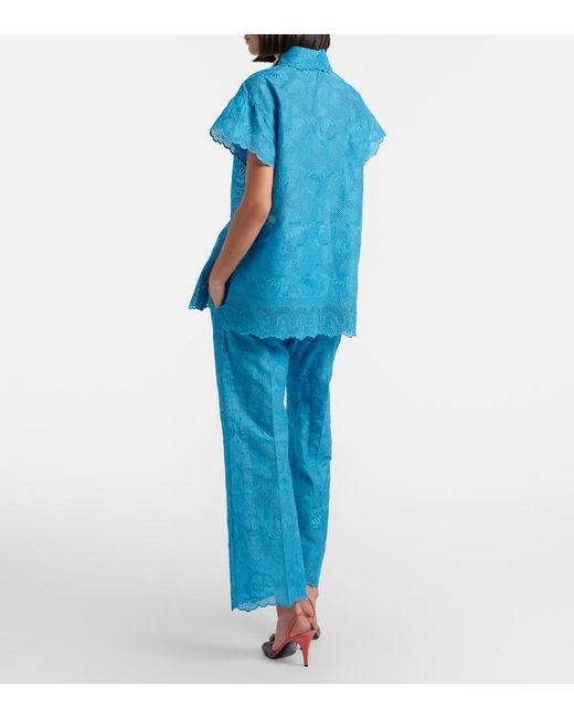 Valentino Blue Broderie Anglaise Scalloped Cotton Straight Pants